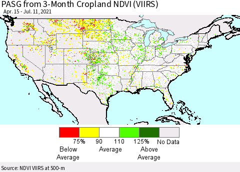 United States PASG from 3-Month Cropland NDVI (VIIRS) Thematic Map For 7/4/2021 - 7/11/2021