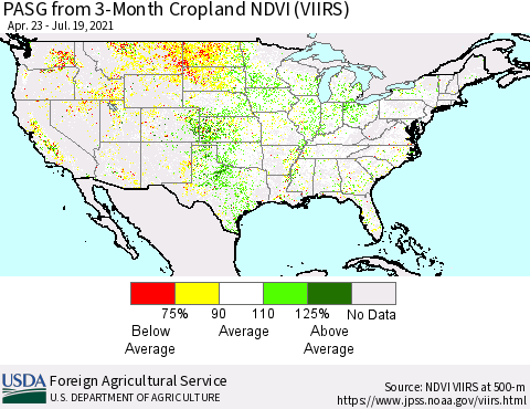 United States PASG from 3-Month Cropland NDVI (VIIRS) Thematic Map For 7/11/2021 - 7/20/2021