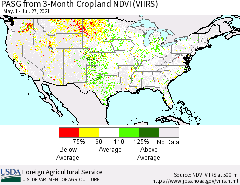 United States PASG from 3-Month Cropland NDVI (VIIRS) Thematic Map For 7/21/2021 - 7/31/2021