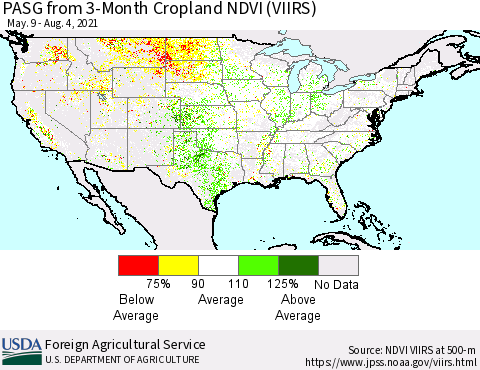 United States PASG from 3-Month Cropland NDVI (VIIRS) Thematic Map For 8/1/2021 - 8/10/2021