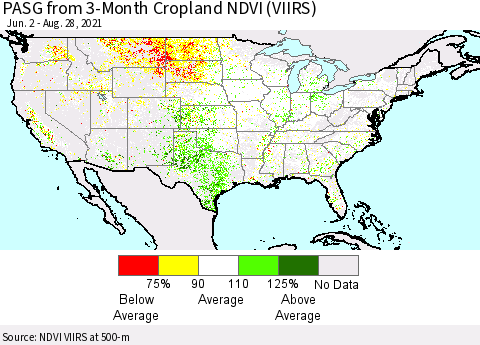 United States PASG from 3-Month Cropland NDVI (VIIRS) Thematic Map For 8/21/2021 - 8/28/2021