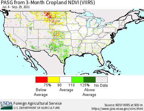 United States PASG from 3-Month Cropland NDVI (VIIRS) Thematic Map For 9/21/2021 - 9/30/2021