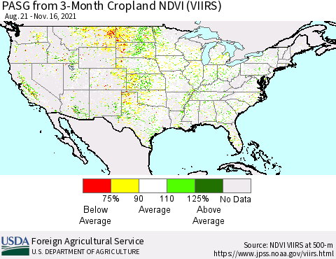United States PASG from 3-Month Cropland NDVI (VIIRS) Thematic Map For 11/11/2021 - 11/20/2021