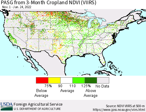 United States PASG from 3-Month Cropland NDVI (VIIRS) Thematic Map For 1/21/2022 - 1/31/2022