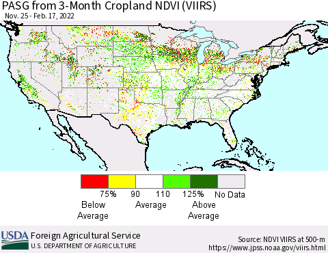 United States PASG from 3-Month Cropland NDVI (VIIRS) Thematic Map For 2/11/2022 - 2/20/2022