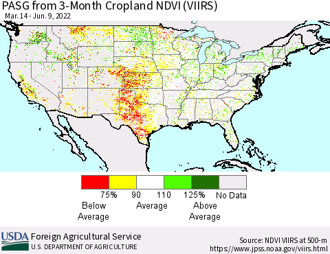 United States PASG from 3-Month Cropland NDVI (VIIRS) Thematic Map For 6/1/2022 - 6/10/2022