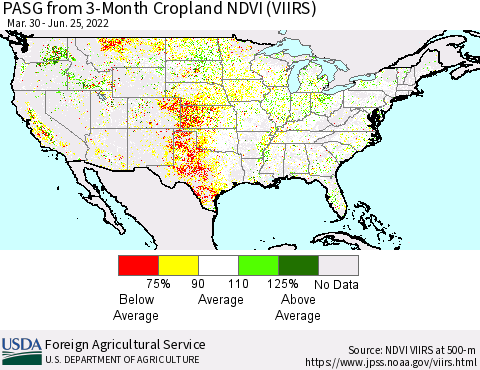 United States PASG from 3-Month Cropland NDVI (VIIRS) Thematic Map For 6/21/2022 - 6/30/2022