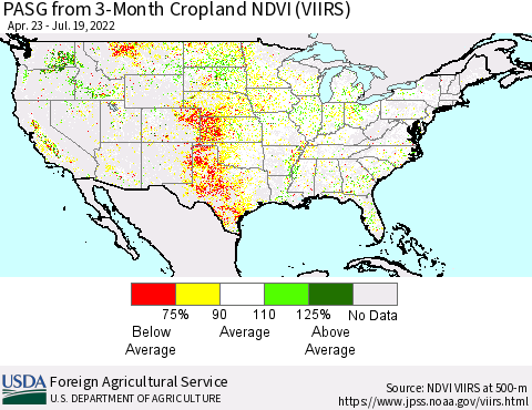 United States PASG from 3-Month Cropland NDVI (VIIRS) Thematic Map For 7/11/2022 - 7/20/2022