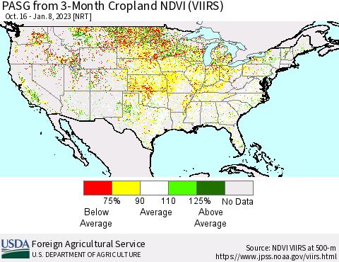 United States PASG from 3-Month Cropland NDVI (VIIRS) Thematic Map For 1/1/2023 - 1/10/2023
