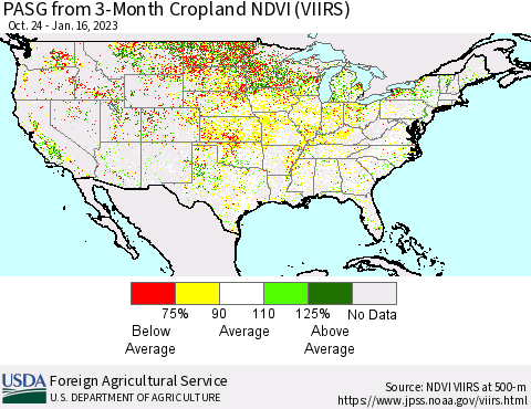 United States PASG from 3-Month Cropland NDVI (VIIRS) Thematic Map For 1/11/2023 - 1/20/2023