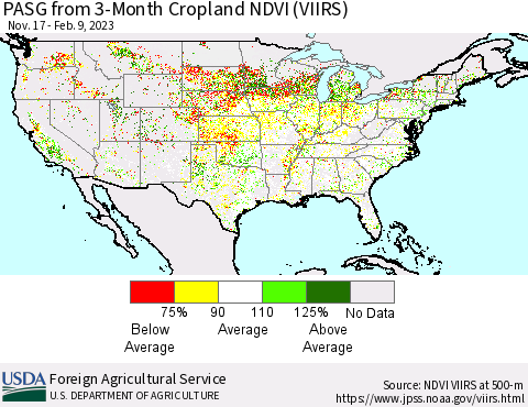 United States PASG from 3-Month Cropland NDVI (VIIRS) Thematic Map For 2/1/2023 - 2/10/2023