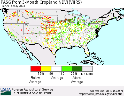 United States PASG from 3-Month Cropland NDVI (VIIRS) Thematic Map For 4/1/2023 - 4/10/2023
