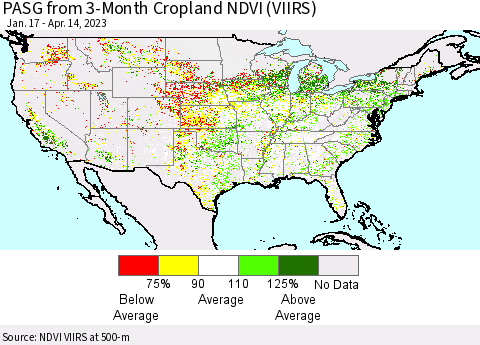 United States PASG from 3-Month Cropland NDVI (VIIRS) Thematic Map For 4/7/2023 - 4/14/2023