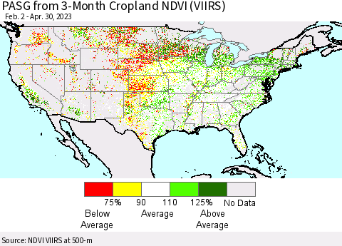 United States PASG from 3-Month Cropland NDVI (VIIRS) Thematic Map For 4/21/2023 - 4/30/2023