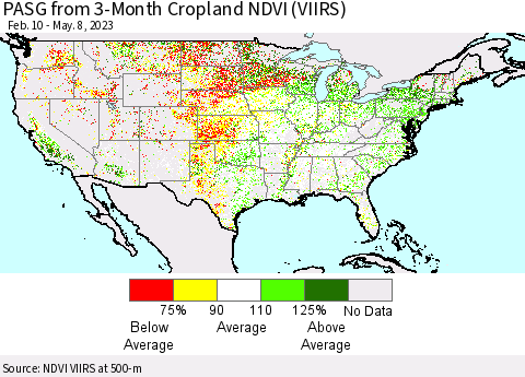 United States PASG from 3-Month Cropland NDVI (VIIRS) Thematic Map For 5/1/2023 - 5/8/2023