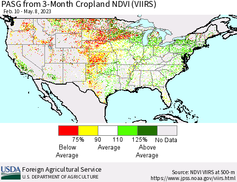 United States PASG from 3-Month Cropland NDVI (VIIRS) Thematic Map For 5/1/2023 - 5/10/2023