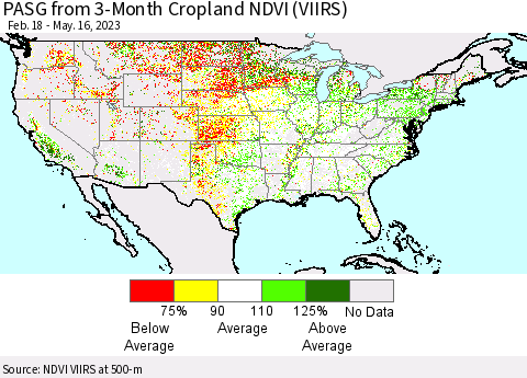 United States PASG from 3-Month Cropland NDVI (VIIRS) Thematic Map For 5/9/2023 - 5/16/2023