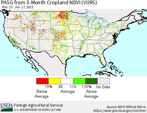 United States PASG from 3-Month Cropland NDVI (VIIRS) Thematic Map For 6/11/2023 - 6/20/2023