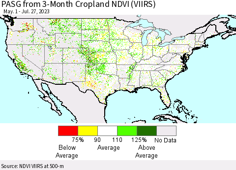United States PASG from 3-Month Cropland NDVI (VIIRS) Thematic Map For 7/20/2023 - 7/27/2023