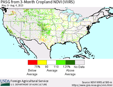 United States PASG from 3-Month Cropland NDVI (VIIRS) Thematic Map For 8/1/2023 - 8/10/2023
