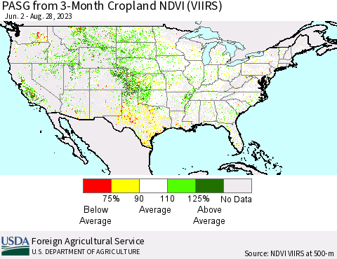 United States PASG from 3-Month Cropland NDVI (VIIRS) Thematic Map For 8/21/2023 - 8/31/2023