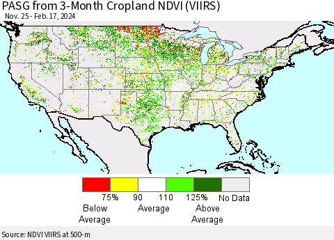 United States PASG from 3-Month Cropland NDVI (VIIRS) Thematic Map For 2/10/2024 - 2/17/2024
