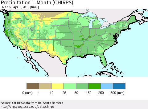 United States Precipitation 1-Month (CHIRPS) Thematic Map For 3/6/2019 - 4/5/2019