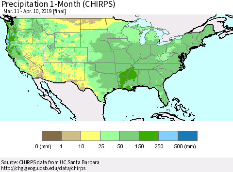 United States Precipitation 1-Month (CHIRPS) Thematic Map For 3/11/2019 - 4/10/2019