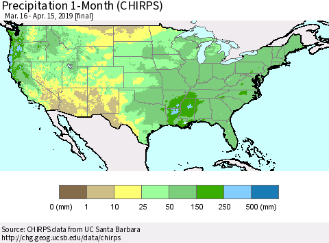United States Precipitation 1-Month (CHIRPS) Thematic Map For 3/16/2019 - 4/15/2019