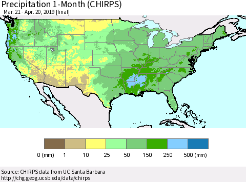 United States Precipitation 1-Month (CHIRPS) Thematic Map For 3/21/2019 - 4/20/2019