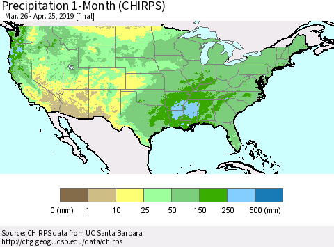 United States Precipitation 1-Month (CHIRPS) Thematic Map For 3/26/2019 - 4/25/2019