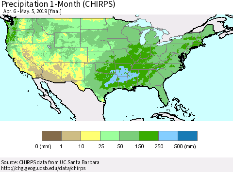 United States Precipitation 1-Month (CHIRPS) Thematic Map For 4/6/2019 - 5/5/2019
