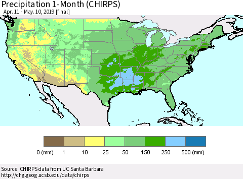 United States Precipitation 1-Month (CHIRPS) Thematic Map For 4/11/2019 - 5/10/2019