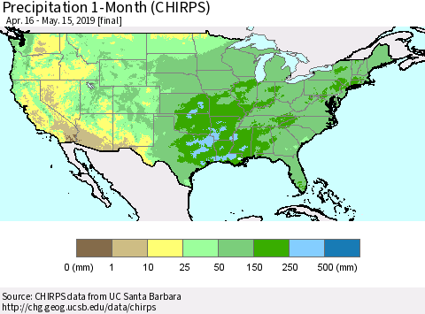 United States Precipitation 1-Month (CHIRPS) Thematic Map For 4/16/2019 - 5/15/2019
