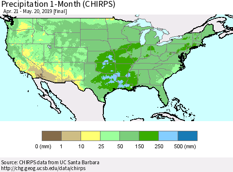 United States Precipitation 1-Month (CHIRPS) Thematic Map For 4/21/2019 - 5/20/2019