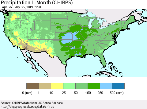 United States Precipitation 1-Month (CHIRPS) Thematic Map For 4/26/2019 - 5/25/2019