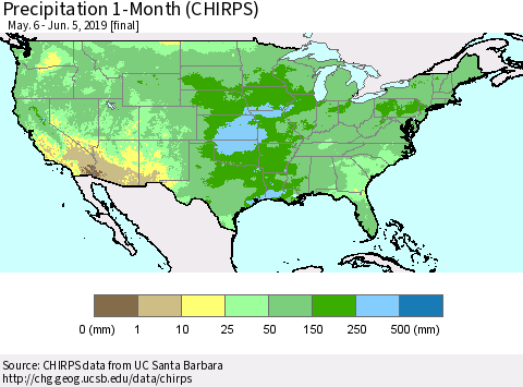 United States Precipitation 1-Month (CHIRPS) Thematic Map For 5/6/2019 - 6/5/2019