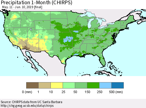 United States Precipitation 1-Month (CHIRPS) Thematic Map For 5/11/2019 - 6/10/2019