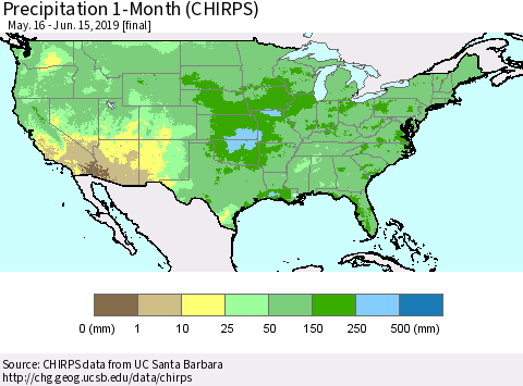 United States Precipitation 1-Month (CHIRPS) Thematic Map For 5/16/2019 - 6/15/2019