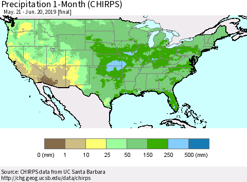 United States Precipitation 1-Month (CHIRPS) Thematic Map For 5/21/2019 - 6/20/2019