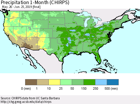 United States Precipitation 1-Month (CHIRPS) Thematic Map For 5/26/2019 - 6/25/2019