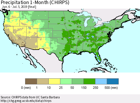 United States Precipitation 1-Month (CHIRPS) Thematic Map For 6/6/2019 - 7/5/2019