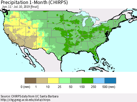 United States Precipitation 1-Month (CHIRPS) Thematic Map For 6/11/2019 - 7/10/2019