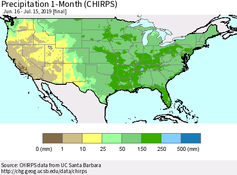 United States Precipitation 1-Month (CHIRPS) Thematic Map For 6/16/2019 - 7/15/2019