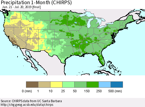 United States Precipitation 1-Month (CHIRPS) Thematic Map For 6/21/2019 - 7/20/2019