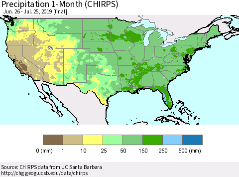 United States Precipitation 1-Month (CHIRPS) Thematic Map For 6/26/2019 - 7/25/2019