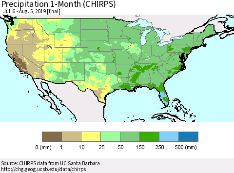 United States Precipitation 1-Month (CHIRPS) Thematic Map For 7/6/2019 - 8/5/2019