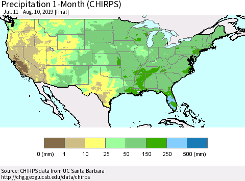 United States Precipitation 1-Month (CHIRPS) Thematic Map For 7/11/2019 - 8/10/2019