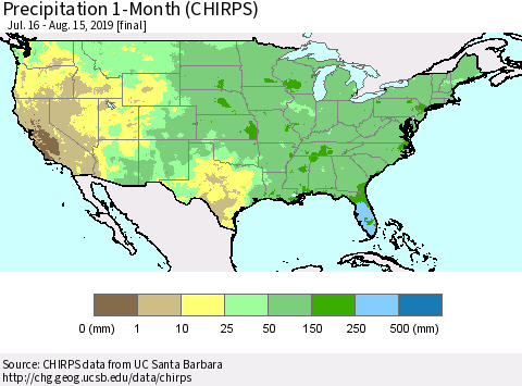 United States Precipitation 1-Month (CHIRPS) Thematic Map For 7/16/2019 - 8/15/2019