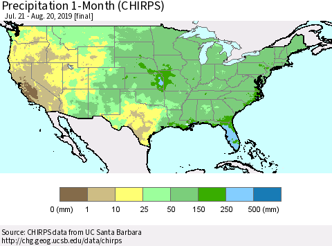 United States Precipitation 1-Month (CHIRPS) Thematic Map For 7/21/2019 - 8/20/2019